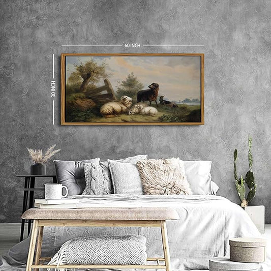 Farmhouse Sheep Framed Canvas Wall Art Vintage French Country Nature Landscape Wall Decor Countryside Meadow Flock of Sheep Animal Poster Prints Artwork for Kitchen Bedroom Home Decoration 30x57.8