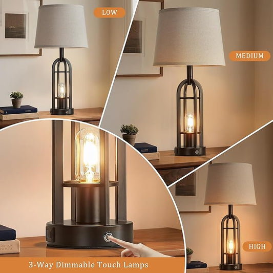 SRJJA 24" Table Lamps for Living Room Set of 2, Farmhouse Industrial 3-Way Dimmable Touch Bedside Lamps with USB A+C for Bedroom Nightstand,4 Bulbs Included