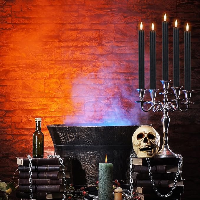 Halloween Flameless Taper Candles with 6 Hour Timer, Battery Operated Black LED Taper Candles Real Wax 3D Wick Flickering Halloween Dinner Table Decor Lights(6 Pack, 0.78” x 9.64”)