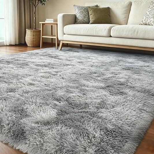 5x8 Ft Large Shag Rugs for Living Room, Tie Dyed Ultra Soft Fluffy Furry Area Rugs for Bedroom Indoor Floor, Aesthetic Carpet for Kids Home Decor (Light Grey)