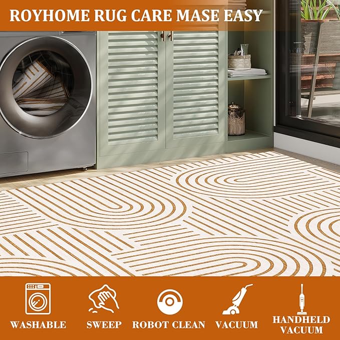 ROYHOME Modern Rug 2.5x8 Runners for Hallways, Abstract Kitchen Runner Rugs Non Slip Bath Runner, Rainbow Washable Rug for Bedroom, Soft Long Rugs for Entryway Bathroom Laundry Dorm, Orange