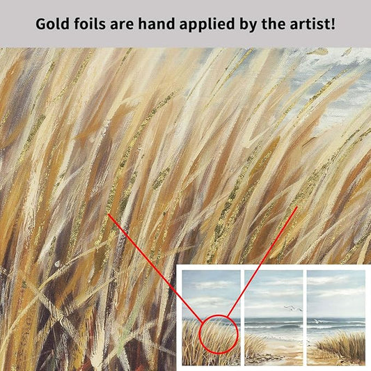 Abstract Beach Canvas Wall Art: Seashore Grasses Artwork Print Seascape Painting for Walls (26'' x 16'' x 3 Panels)