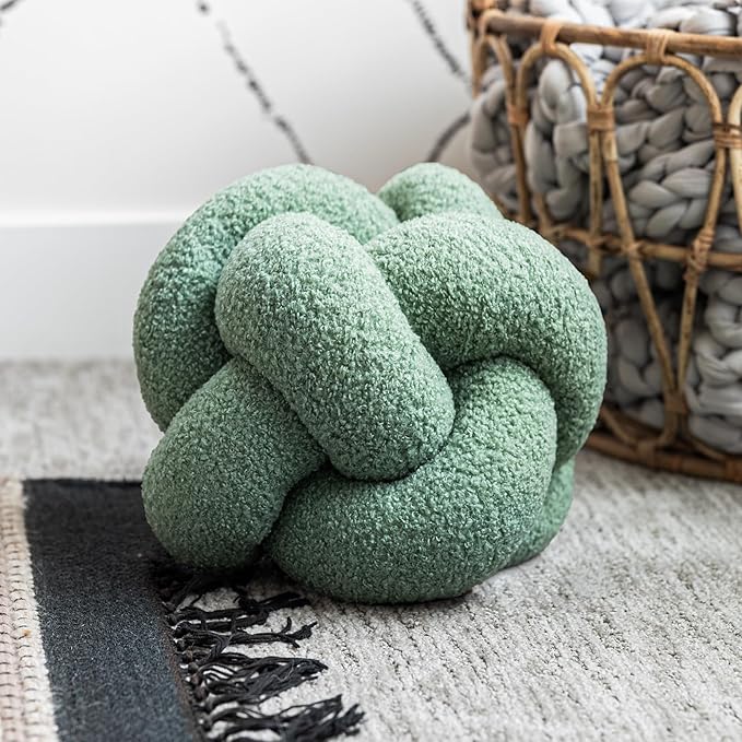 SAMIAH LUXE Sage Green Teddy Boucle Knot Pillow Ball 12", Permanently Stitched Knotted Decorative Throw Pillow, Natural Kapok Fill, Round Accent Pillow for Couch Sofa Bed, Boho Home Decor