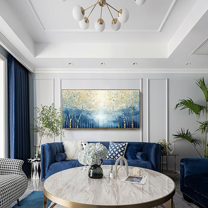 Extra Framed Modern Living Room Wall Art. Abstract Landscape Canvas Print Picture, Blue And Yellow Plant And Forest Artwork For Offices, Studies, Bedrooms, Dining Rooms, And Lounges. 58X29 Inches.