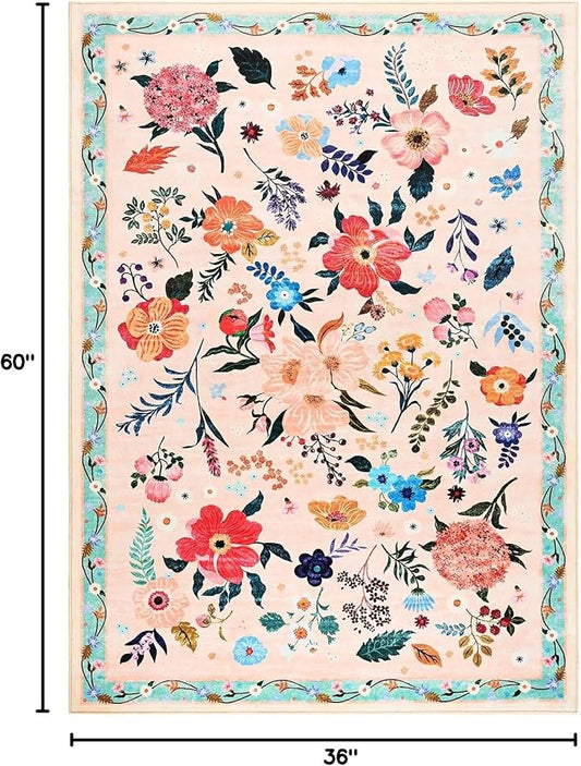 Macgace 3x5 Floral Rug for Girls Bedroom, Machine Washable Area Rugs with Non Slip Backingfor Living Room, Cute Flowers Carpet Kitchen Dining Room Kids Playroom Decor, Peach White