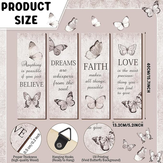 Qunclay 4 Pcs Inspirational Butterfly Wall Signs 16 x 5 Inch Rustic Wooden Wall Decor with Believe Faith Dream Love Quotes for Bathroom Bedroom Living Room Home Decor