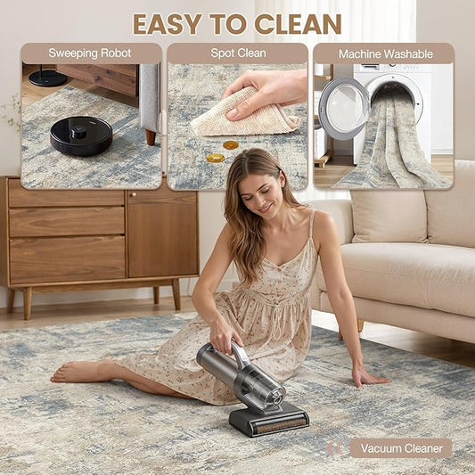 cotiled 3x5 Area Rugs for Living Room - Washable Neutral Abstract Carpet Non Slip Soft Rug for Bedroom & Dining Table, Robot Vacuum & Pet Friendly Floor Decor Grey Light Blue