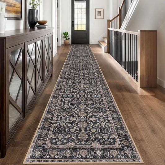 KUTA Extra Long Runner Rug for Hallway 2.6x20ft, Vintage Washable Kitchen Rugs, Brown Non-Slip Stair Runners Indoor Soft Printed Floral Carpet for Bedroom Living Room Nursery