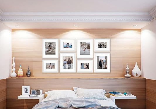 VELISTA 8 Piece Large Rectangle Gallery Wall Frame Set - Photo Frame Set with Mat 5x7 and 8x10 in - Picture Frame Set for Wall Collage made of Engineered Wood –Assorted Picture Frames (White)