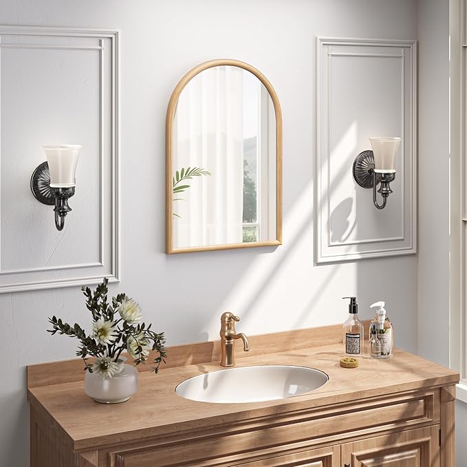 20"x30" Arch Wall Mirror for Wall, Wall Mounted Vanity Mirror for Bedroom, Wood Grain Finish Frame Mirror with Tempered Glass, Vintage Decorative for Bathroom, Entryway, Living Room, Natural