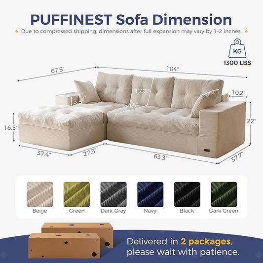 MAXYOYO 104" L Shaped Modular Sectional Sofa with Ottoman, Cloud Boneless Couch with Layered Cushion, Upholstered Sofa Flexible Module Combination for Living Room, No Assembly, Beige