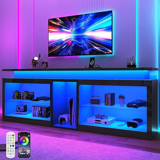 80" LED TV Stand with Power Outlet,60-Colors LED Lights For 80 85 90in TV,High Gloss Gaming Entertainment Center w/Adjustable Shelves,Black TV Console with Modern Design for Living Room Bedroom