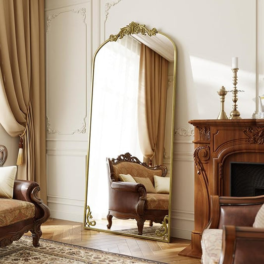 GLSLAND 32"x71" Vintage Full Length Mirror,Large Carved Arched Full Body Mirror with Metal Frame for Bedroom/Living Room/Entryway,Gold