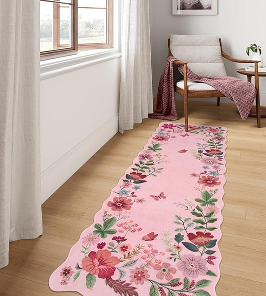 Lahome Floral Kitchen Runner, 2X6 Washable Runner Rug Non-Slip, Ultra-Thin Soft Hallway Rug Stain Resistant Boho Carpet for Bedroom Laundry Bathroom Flore, Pink