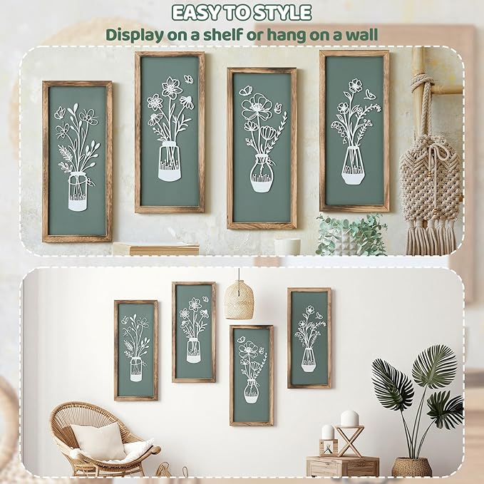 BrightRow 4 Pcs 3D Green Wooden Floral Wall Art Bathroom Wall Decor 7 x 16 Inch Farmhouse Vintage Boho Minimalist Flower and Vases Art for Living Room