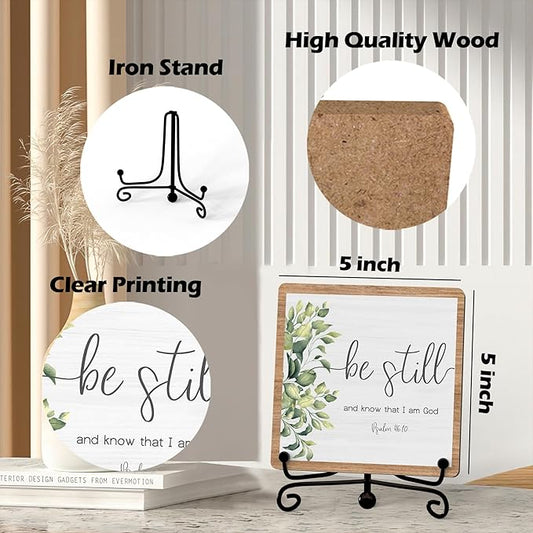 Inspirational Christian Desk Decor, Be Still And Know That I Am God Rutsic Sign, Desk Decorations For Office Home Living Room Bathroom, Eucalyptus Shelf Decor, Wooden Plaque With Stand (03)
