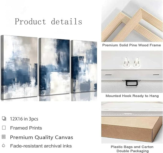 3 Pcs Navy Blue Abstract Canvas Wall Art Modern Minimalist Neutral Blue and Grey Paintings Pictures Wall Decor Poster Print Artwork for Living Room Bedroom Office Home Decoration