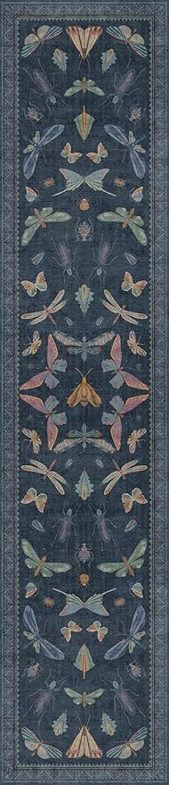 Washable Kitchen Runner Rug 2'6"x12', Non Slip Indoor Mat for Hallway & Entryway, Vintage Dark Blue Insect Moth Décor Carpet, Soft Low Pile