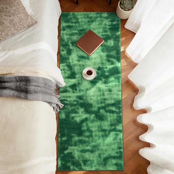 FinRèc 2x6 Washable Runner Rugs for Kitchen Hallway Bedroom, Low Pile Thin Ultra Soft Shag Rug, Non-Slip Carpet Indoor for Home Decor (Tie-dye Green)