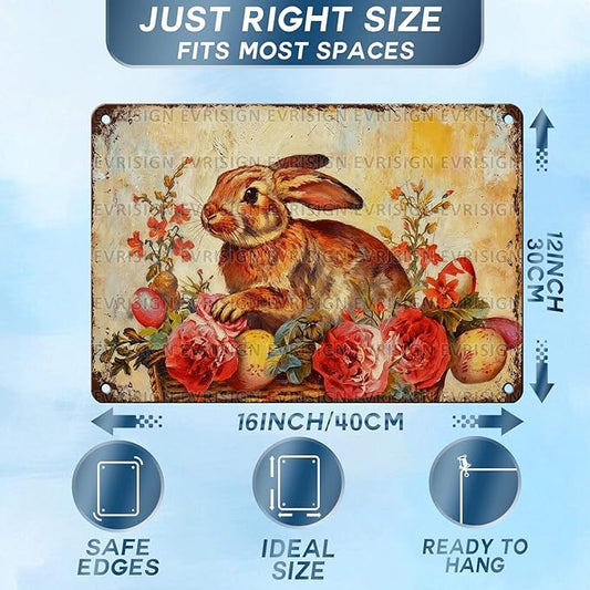 Bunny In Basket Metal Sign Easter Spring Theme Pink Flowers Eggs Design Rustic Farmhouse Wall Decor For Home Kitchen Garden Seasonal Decor 12x16Inch