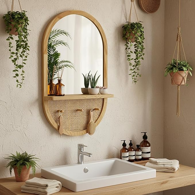 Wood Wall Mirror with Hooks, 30x18 Inch Boho Wall Mirror with Removable Shelf, Oval Solid Wood Framed, Handmade Rattan Mirror Decor Accent for Entryway, Bathroom, Nursery, Bedroom, Living Room