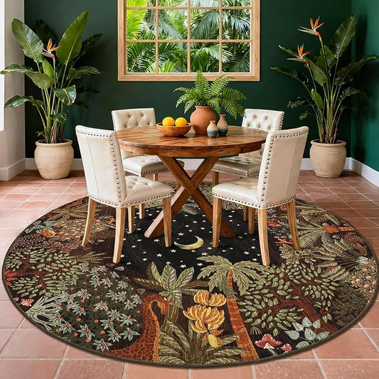 GarveeHome Round Area Rugs 8ft for Living Room, Large Brown Jungle Washable Circle Rug Soft Non Slip Forest Animal Print Floor Mat Tiger Carpet Indoor Thin Rug for Bedroom Dining Room Playroom Nursery
