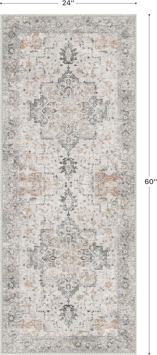 GENIMO Runner Rug 2x5 Non Slip Machine Washable Vintage Hallway Runner Rug, Low Pile Lightweight Rugs for Entryway, Hallway, Kitchen and Corridor, Light Taupe Brown