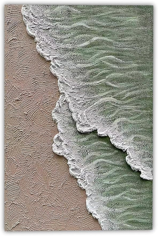 NANKAI Art Hand-painted white and green thick texture abstract oil painting Waves beach landscape oil painting home wall decoration art 40x28 Inches