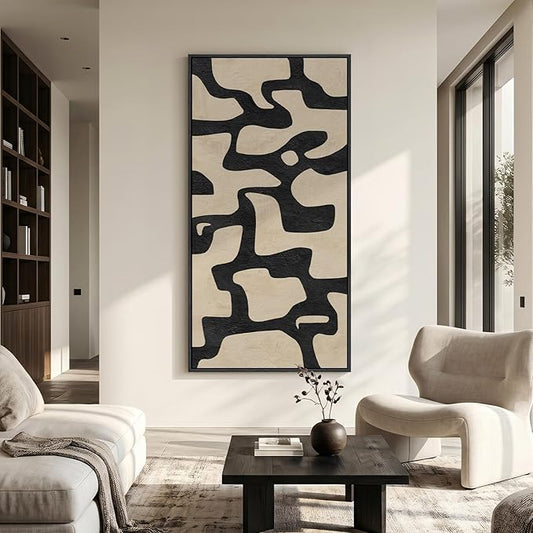 Large Framed Neutral Abstract Wall Art, Vertical Black Beige Geometric Canvas Prints Paintings Artwork for Walls, Mid Century Modern Pictures Wall Decor for Hallway Living Room Bedroom Dining 30x60