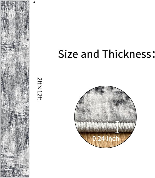 Grey Runner Rugs for Hallway: Abstract Washable Runner Rug 2x12 for Entryway Kitchen Bedroom Bathroom - Modern Cozy Home Decor Long Carpet Mat Stain-Resistant - Dark Grey