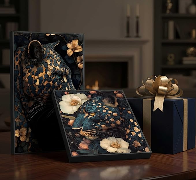 Framed Dark Cheetah Canvas Wall Art Moody Blue and Gold Leopard Wildlife Animal Flower Pictures Painting Wall Decor Poster Print Artwork for Living Room Bedroom Decoration