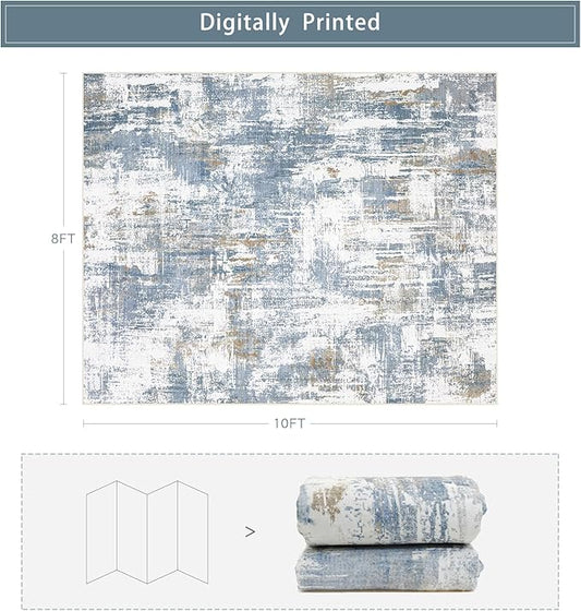 Srugn Washable Rugs 8x10 Area Rugs for Living Room,Modern Abstract Rugs for Bedroom,Large Carpets,Ultra Soft Faux Wool Dining Room Rug,Non Slip Low Pile Print Rug- Blue- (White-Reddish Brown)