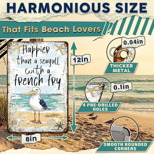 Metal Tin Sign Poster Funny Wall Art Seagull With French Fry Plaque Retro Decor For Beach Lovers Coastal Home Lake House Poolside Nautical Bar 8x12 Inch