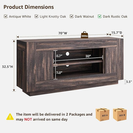 OKD Modern 70" TV Stand, Entertainment Center for TVs Up to 80", Media Console with Large Open Storage & Side Cabinets, Thick Wood Design for Living Room, Dark Rustic Oak