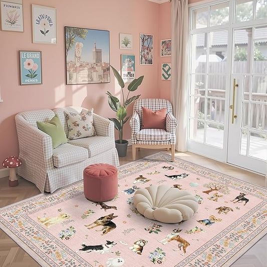 Area Rug 4x6 Pink Rug, Washable Dog Rugs Non Slip Low Pile Floral Small Carpet for Bedroom, Bedside, Kids Room, Office, Dining Room
