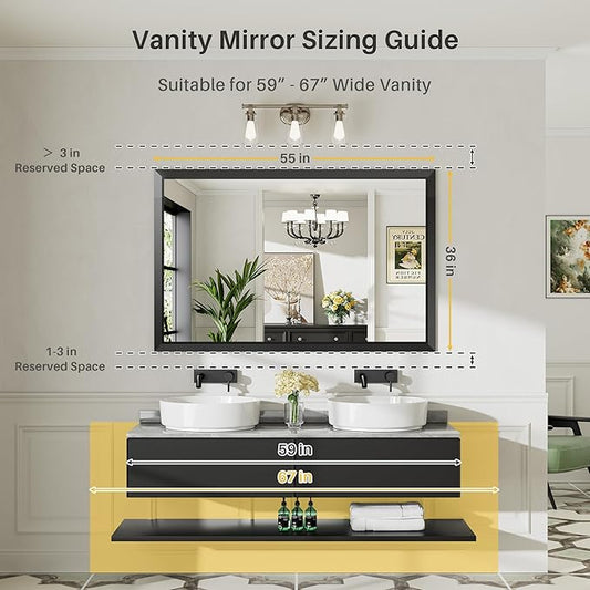 Briivue 55x36 Inch Black Bathroom Mirror for Wall, Thick Metal Framed Rectangle Mirrors for Over Sink, Bedroom, Living Room, Entryway, Anti-Rust, HD Tempered Glass