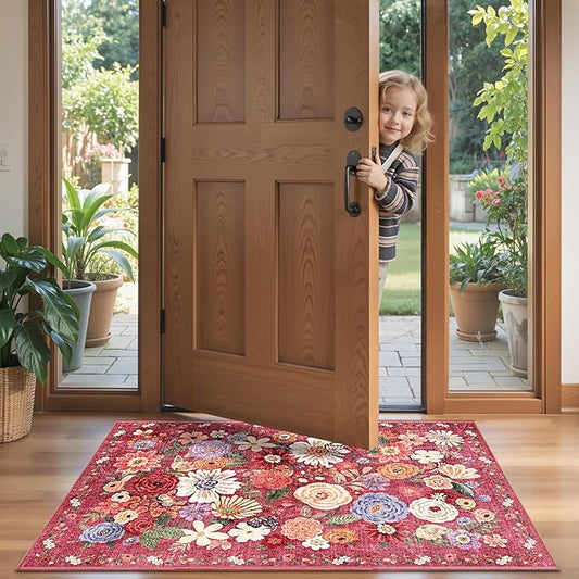 2x4 Entryway Runner Rugs, Non Slip Washable Rugs with Rubber Backing Soft Floral Carpet Runner for Kitchen, Laundry, Bedroom, Bathroom, Red Garden, 2 x 4