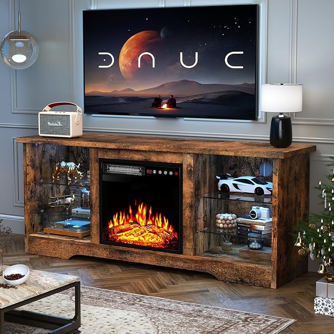 TAVATA Fireplace TV Stand with 18" Fireplace, Modern Entertainment Center for TVs up to 65 inch, Media TV Console for Living Room with Led Lights, Adjustable Glass Shelves and Storage Cabinets (Brown)