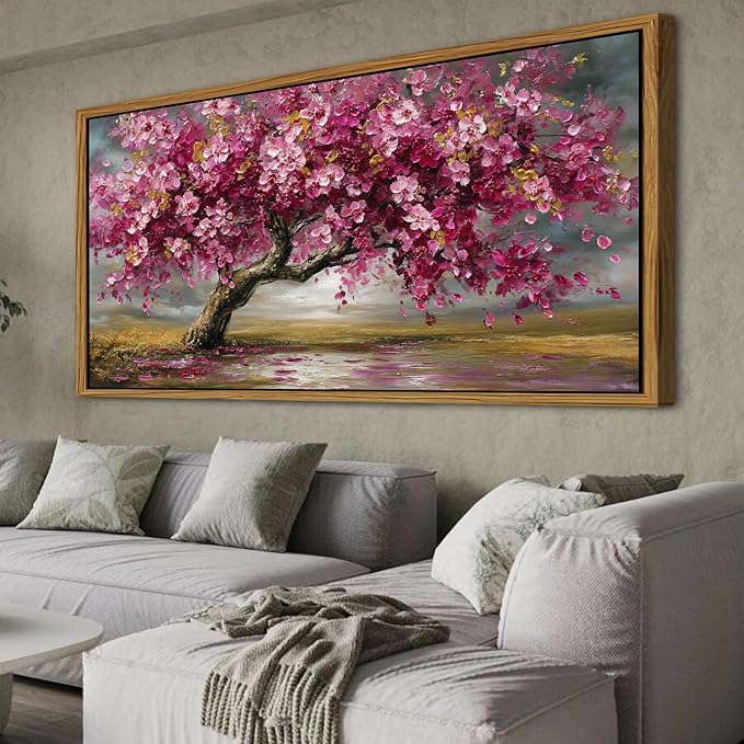 Large Tree of Life Wall Art Vintage Pink Flower Framed Wall Decor for Living Room Abstract Landscape Painting Canvas Prints Retro Nature Texture Picture Bedroom Kitchen Corridor Home Decoration 35x70