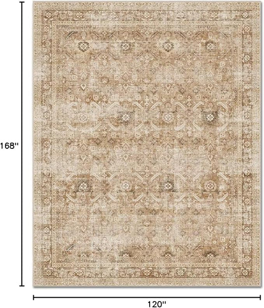 Washable 10x14 Area Rugs for Living Room, Boho Non-Slip Vintage Distress Large Rugs for Bedroom Dining Room Office, 0.3" Neutral Oriental Throw Thin Carpet, Brown/Multi, C1