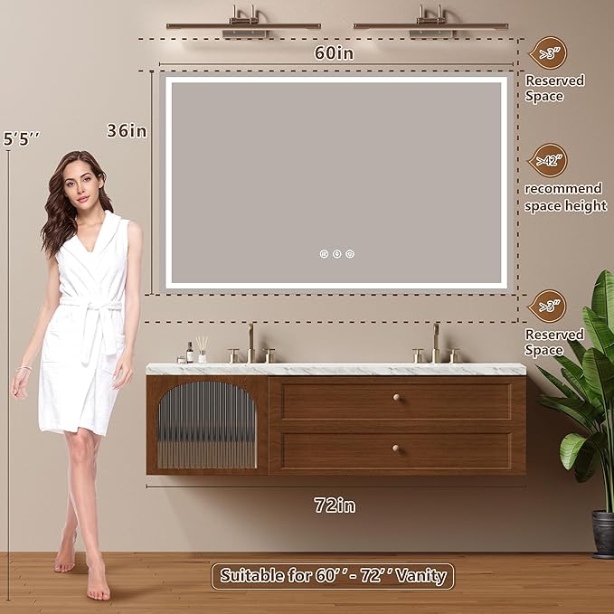 60x36 Inch LED Lighted Bathroom Mirror - Anti-Fog Vanity Mirror with Dimmable Front & Backlit, 3 Color Temp, Smart Memory - Shatterproof HD Glass, IP54 Waterproof Wall Mounted for Makeup Shaving