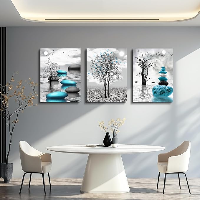 Canvas Wall Art for Living Room Wall Decor for Bedroom Bathroom Black and White Paintings Modern 3 Piece Framed Canvas Art Prints Ready to Hang Inspirational Abstract Blue Pictures Home Decorations