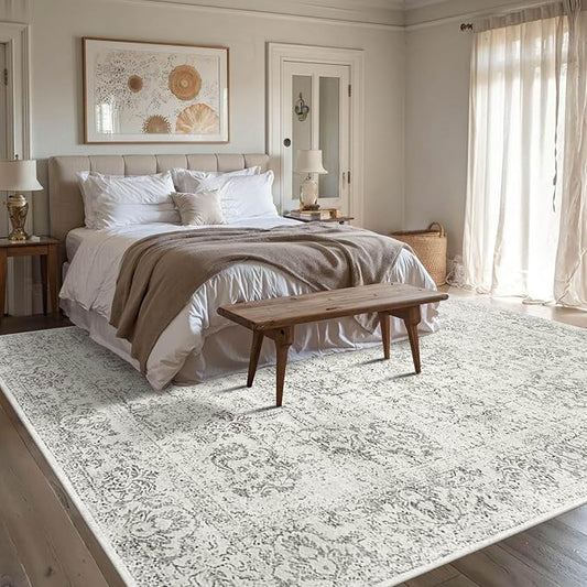 Rugxara 6x9 Washable Area Rug for Living Room, Neutral Vintage Large Boho Rugs for Office, Dining Room, Kids Room, Farmhouse, Durable Low Pile Non Slip Carpet for High Traffic Areas, Light Grey