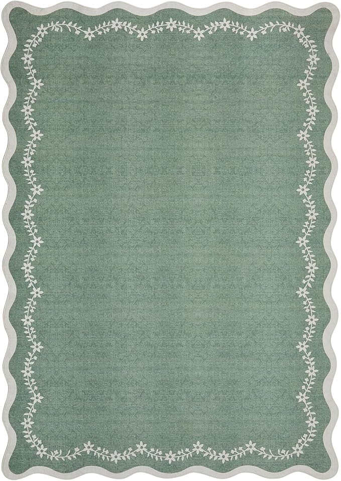 GarveeHome 3x5 Scalloped Washable Area Rug for Bedroom,Soft Sage Green Entryway Rug Non Slip Low Pile Carpet Stain Resistant Throw Rug for Bedside Kids Room Office Dining Room