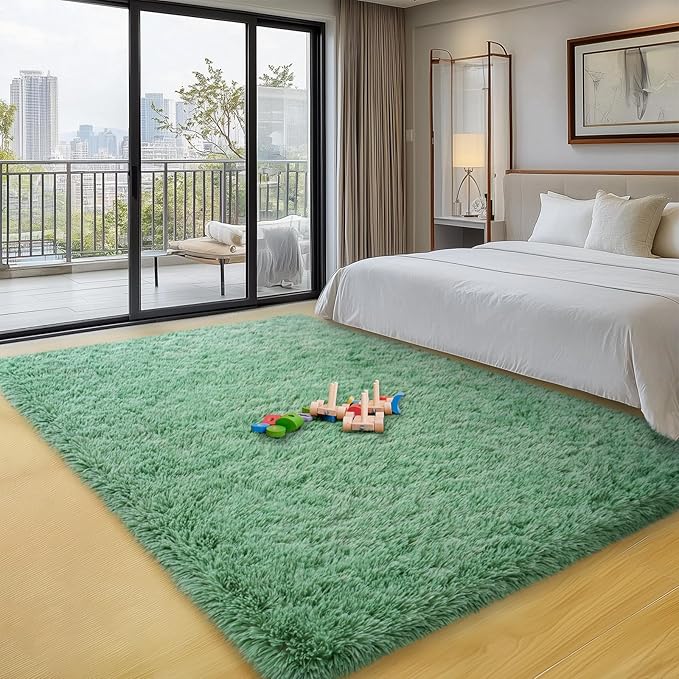 qulint 3x5 Area Rug for Bedroom, Fluffy Sage Green Rug for Living Room Cozy Shag Small Carpet for Nursery, Fuzzy Plush Shaggy Alfombras for Boys and Girls Dorm Home Decor (3ft x 5ft, Sage Green)
