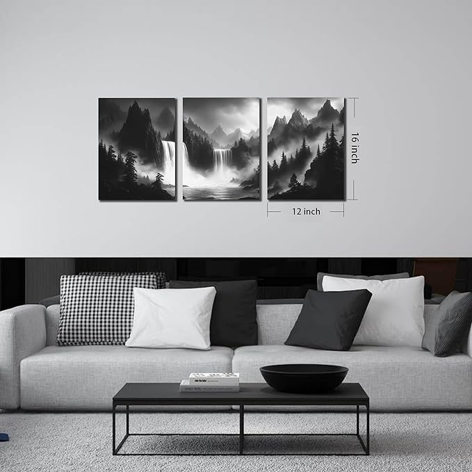 CIRABKY Foggy Forest Wall Art for Living Room - Mountains Canvas Wall Art for Office - Black and White 3 Piece Wall Decor Size 12" x 16"