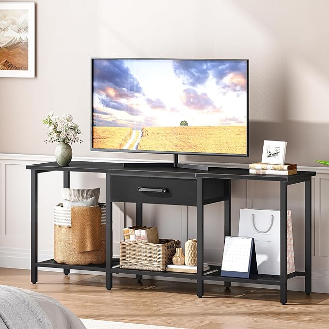 HOOBRO TV Stand for TVs up to 55 Inch, Entertainment Center with Fabric Drawer & Open Shelves, Industrial TV Media Console Table with Storage, for Living Room, Bedroom, Black BB125DS01