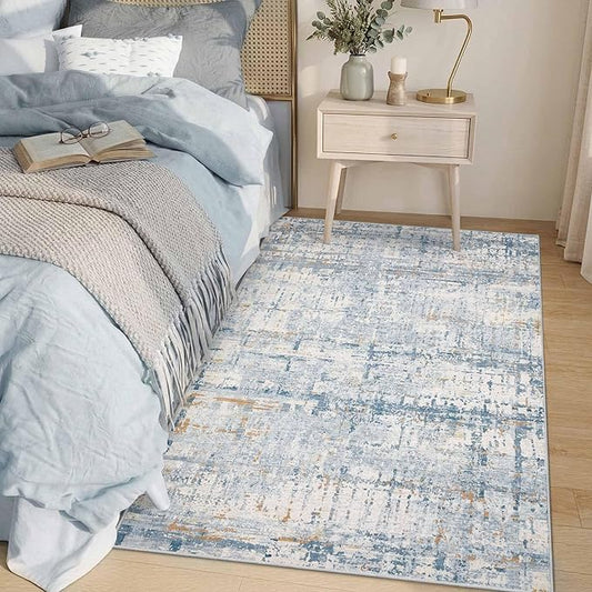 Rugxara 3x5 Washable Entryway Rug, Non Slip Boho Runner Rugs for Hallway, Entrance, Kitchen, Bathroom, Laundry Room, Soft Entryway Carpet, Throw Low Pile Retro Imitation Wool Carpet, Blue Beige