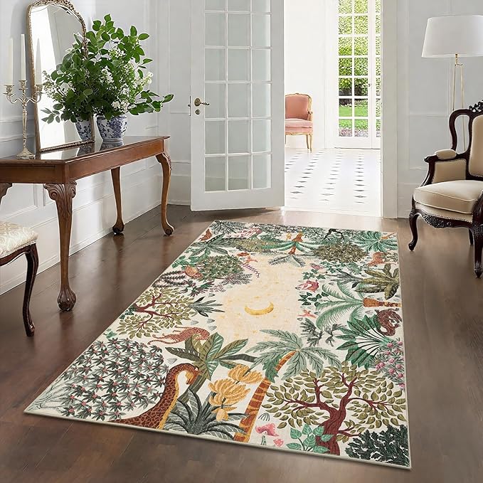 GarveeHome 3x5 Washable Area Rug for Bedroom, Jungle Animal Soft Tiger Rug Non Slip Low Pile Beige Carpet Stain Resistant Throw Rug for Bedside Kids Room Office Dining Room