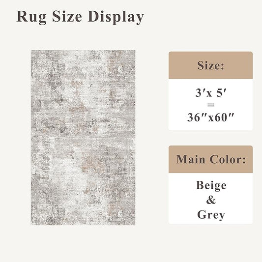 Washable 3x5 Entryway Rug - Non-Slip Soft Low-Pile Thin Small Area Rugs for Kitchen Bedroom Living Room Hallway – Modern Abstract Neutral Door mat Indoor(Beige Grey)
